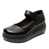 Skin Round Head Heel Slope And Shallow Mouth Single Shoes Waterproof Table Casual Leather Shoes Buckle With Loose Cake Thick-Soled Shoes Women