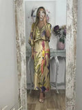 Elegant Satin Print Long Skirt Set For Women Fashion V Neck Single Breasted Shirt Suit 2024 Summer Lady Chic Loose