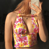 Y2K Bohemian Floral Print Crop Top Summer Beach Style Sexy V-neck Backless Halter Cami Top Women Aesthetic Streetwear 211-0-Outfit