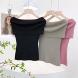 Retro Sexy Shoulder Repair Slimming Paper Pieces Knitted Vest T-Shirt Blouse Short Short