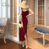 2022 Summer Vintage Women Satin Slip Dress Spaghetti Strap Side Slit Black Burgundy Silk Sexy Long Party