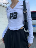 Print Vintage T Shirt Women Skinny V Neck Crop Tops Y2k Black Tshirts American Retro Autumn Winter Tee Tops