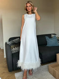 Spring 2025 New Fashion Temperament Round Neckless Loose Loose Solid Color Feather Splicing Design Long