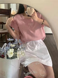 Round Neck Bow Print Short Sleeved Knitted Top-Outfit