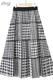 Spring Summer Fashion Midi Long Pleated Skirt Women Striped Print Elegant Chic Casual High Waist A Line Skirts