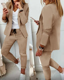 Women New Autumn Lapel Collar Blazer Coat & Drawstring Pants Set Long Leggings Suit Elegant 2 Piece Jacket
