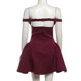 Burgundy Off-shoulder Plunge Backless Mini Dress- Outfit