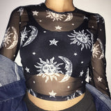 Women Sexy Harajuku Mesh Tops Long Sleeve See Through T Shirt Transparent Sun Moon Star Print T-shirt Femininas