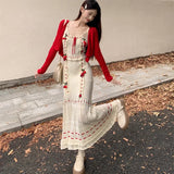 Fashion Casual Womens 2 Piece Outfit Set 2023 Autumn Sleeveless Midi Dress Red Short Cardigan Female Clothes Knitted