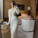 Long White Knitting Dress Women Winter V-Neck Long Sleeve Bodycon Dress Korean Office Lady High Waist Vintage Dress