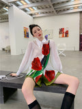 Mesh White Button Up See Through Shirt Oil Painting Lantern Sleeve Top Floral Transparent Shirt High Fashion Fall