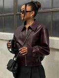 Burgundy Pu Leather Zipper Biker Jacket- Outfit