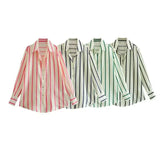 Zingj New Fashion Temperament Lapel Multi-Color Stripe Silk Satin Texture Long Sleeve Loose Shirt