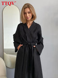 Casual Loose Black Cotton Dress Woman Robes Autumn Lace-Up Long Sleeve Midi Dress Elegant Slit Sleep Dresses For