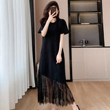High-End Lace Splicing Dress 2025 Light Luxury Temperament Slim Thin Short Sleeve Black
