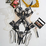 Black Lace Design Sheer Lock Lingerie Set- Outfit