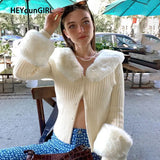 Autumn Thin Furry Knitted Cardigan Sweater Women Vintage Elegant Chic Jumper Ladies Fashion Patchwork Knitwear