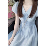 Zingj Sweet V Gets Blue Tie Belt Dress Female Summer New Style Close Waist Show Thin Fold Wrinkle First Love Long Skirt-Outfit