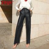 Casual Blue Pu Leather Women's Pants 2022 Autumn Elegant High Waisted Pockets Trousers Fashion Streetwear Straight
