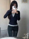 Vintage Fashion Long Sleeve Fake Two Piece T-shirt Womens Harajuku Patchwork Streetwear Grunge Contrast V Neck Shirts