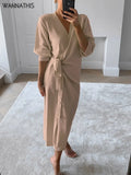 Knitted Women Dress Long Sleeve Bandage Fashion Khaki Soft Party Dress Women Clothing Autumn V-Neck Casual