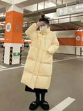 Standing Collar Long White Duck Down Down Jacket Female 2024 Winter New Thick Large Pocket Over The Knee Loose Warm Coat-Outfit