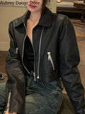 Black Cropped Leather Jacket Women Streetwear Zipper Moto Leather Jacket High Street Vintage Soft Faux Leather Coats