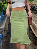 90s Aesthetics Basic Low Waist Slit Hem Green Skirts Y2K Streetwear Retro Solid Bow Trim Midi Skirt Women Summer
