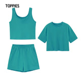 Summer Tracksuits Woman Three Piece Set Short T-shirts Sleeveless Tank Tops High Waist Shorts Casual