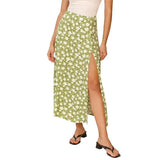 Elegant Split Long Skirts Vintage Leopard Floral Print High Waist A Line Skirts Office Lady Casual Bodycon Midi