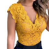 Women Slim Tunic Lace V Neck T-shirt 2022 Sexy Elegant Summer Short Sleeve T Shirt Lace Flower Tops