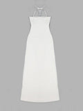 Halter Flower Cut Out Slim Long Dress Elegant White Sleeveless Skinny Cutout Floral Pleated Maxi Dress Club Party