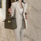 Women's Office Pants Suit Double Breasted Notched Blazer Solid Long Sleeve Suit & Flare Trousers Ladies Blazer Set
