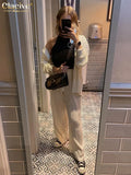 Causal Loose Home Suit Autumn Long Sleeve Blouse With High Wasit Pants Set Women Elegant Pleated Beige 2 Piece Pant