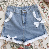 Lolita Denim Shorts Summer Women High Waist Sweet Side Ruffles Bow Harajuku Jeans Girl Simple Casual Hot Y2k Short