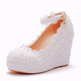 Lace Wedding Shoes Slope Heel Single Shoes Buckle With Slope Heel Shoes Waterproof Table Large Size