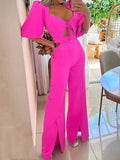 Summer Jumpsuits Women Holiday Casual Half Sleeves Bodysuit Print One Piece Outfits Wide Leg Pink Trousers Loose Long