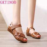 Genuine Leather Peep Toe Ladies Sandals Summer Shoes Women Low Heel 2021 Hook & Loop Soft Comfort Flat Sandals