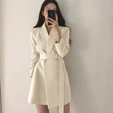 Red Small Suit Medium Long Chic Retro Belt Korean Version 2025 Casual Temperament White Suit Jacket