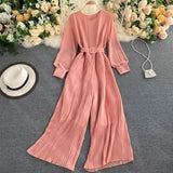 2021 New Autumn Elegant Solid Jumpsuits Women Office Lady Long Sleeve With Belt O Neck Pleated Wide Leg