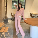 Winter Casual Knitted 2 Pieces Set Women Hooded Cardigans & Wide Leg Lace-up Knitted Pants Female Sweater