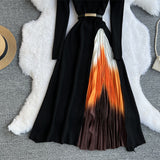 Zingj Knit Splicing Dress Simple Temperament Round Collar Long Sleeve Gradient Slim Thin Long Skirt