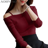 2021 Off Shoulder Sexy Women Long Sleeve Knitted Sweater Solid Skinny Slim Sweater Women Spring And Winter