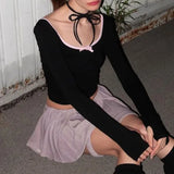 Zingj Girls Splicing Bow Knit U Collar T-Shirt Women's New Slim Slim Casual Bottom