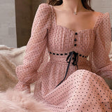 Vintage Midi Dress Women Puffer Sleeve Square Collor Office Elegant Dress Female Autumn Dot One Piece Dress