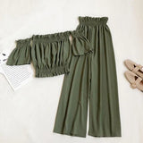 2021 New Summer Women Casual Solid Color Off Shoulder Short Tops+Elastic Waist Wide Leg Long Pants Sexy Two Piece