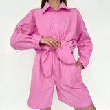 Women Linen Shorts 2 Piece Set Casual Oversize Shirts And Wide Leg Shorts Suits Loungewear Solid Summer Loose