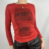 Gothic Eye Printed Long Sleeve T-shirt Spring Autum Women Harajuku Streetwear Slim Fit Sweats Crop Top 90s Vintage