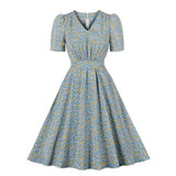 Elegant Floral Swing Summer Dresses Rockabilly Vintage Sundress V Neck Short Sleeve A-Line 90s 50s 60s Tunic Midi