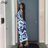 Summer Streetwear Print Dresses For Women 2021 O Neck Long Sleeve Bodycon Long Dress Female Backless Elegant Maxi